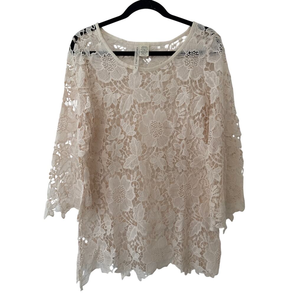 Forgotten Grace L Unlined Beige Lace Top, Cover-up, Scoop Neck 3/4 Bell Sleeves